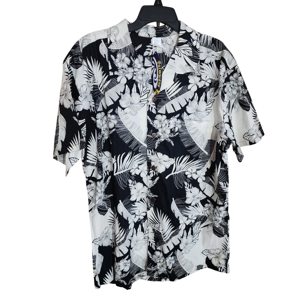 Palmwave Hawaii Mens Aloha Shirt XL Black White Tropical Floral Cotton C90-A507